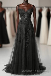 Black Sweetheart Tulle With Lace Long A-Line Evening Prom Dresses, Black Formal Dresses